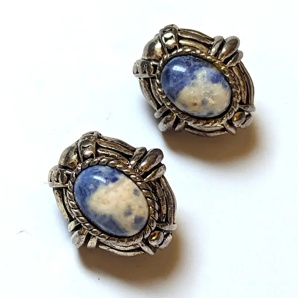 Vintage Silver Tone Brutalist Sodalite Cabochon Textured Clip On Earrings